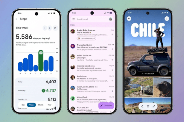 A professional image showcasing three smartphones with different app interfaces. The leftmost phone displays a fitness tracking app with a bar graph a