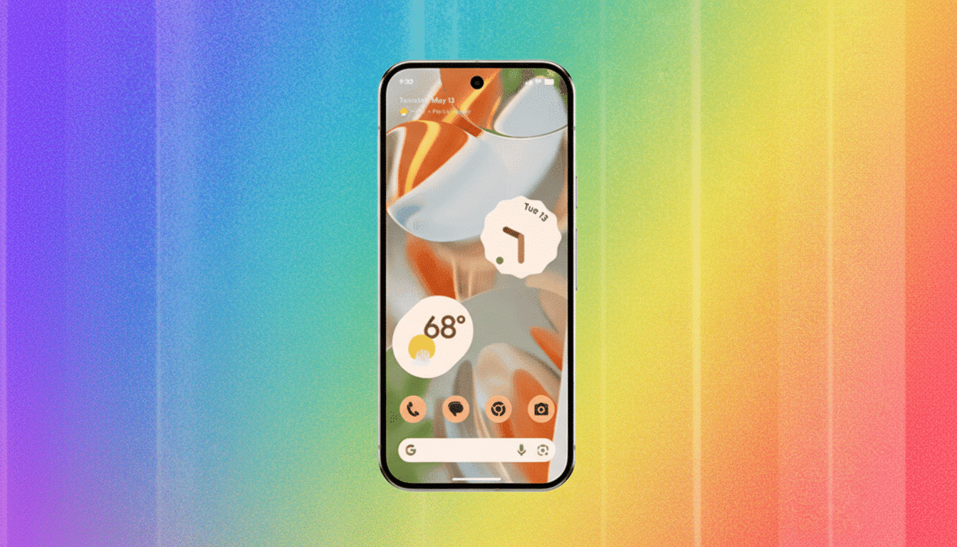 A professional depiction of a smartphone with a vibrant , colorful background , showcasing a clean user interface with app icons and widgets .