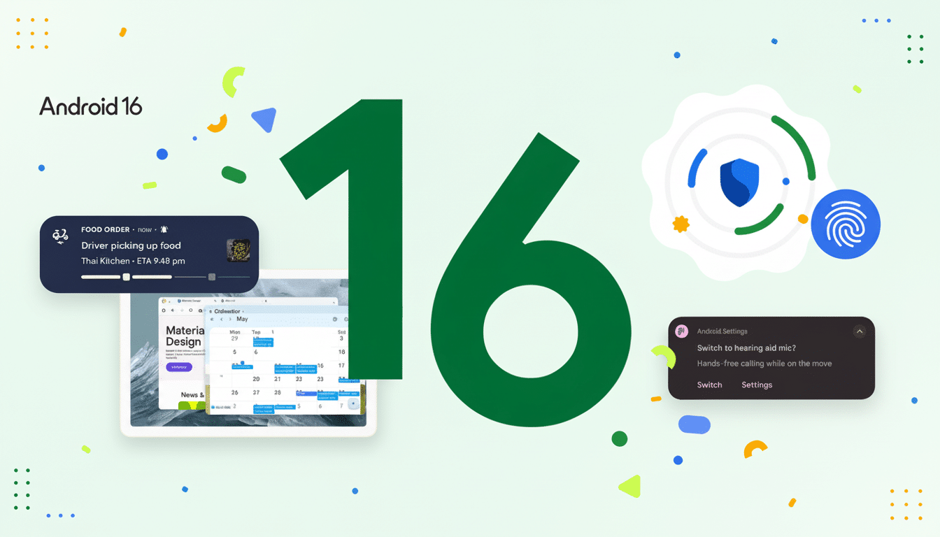 An image showcasing Android 16 with a clean , professional design, featuring various UI elements like a food order notification, a calendar app, and Android settings .