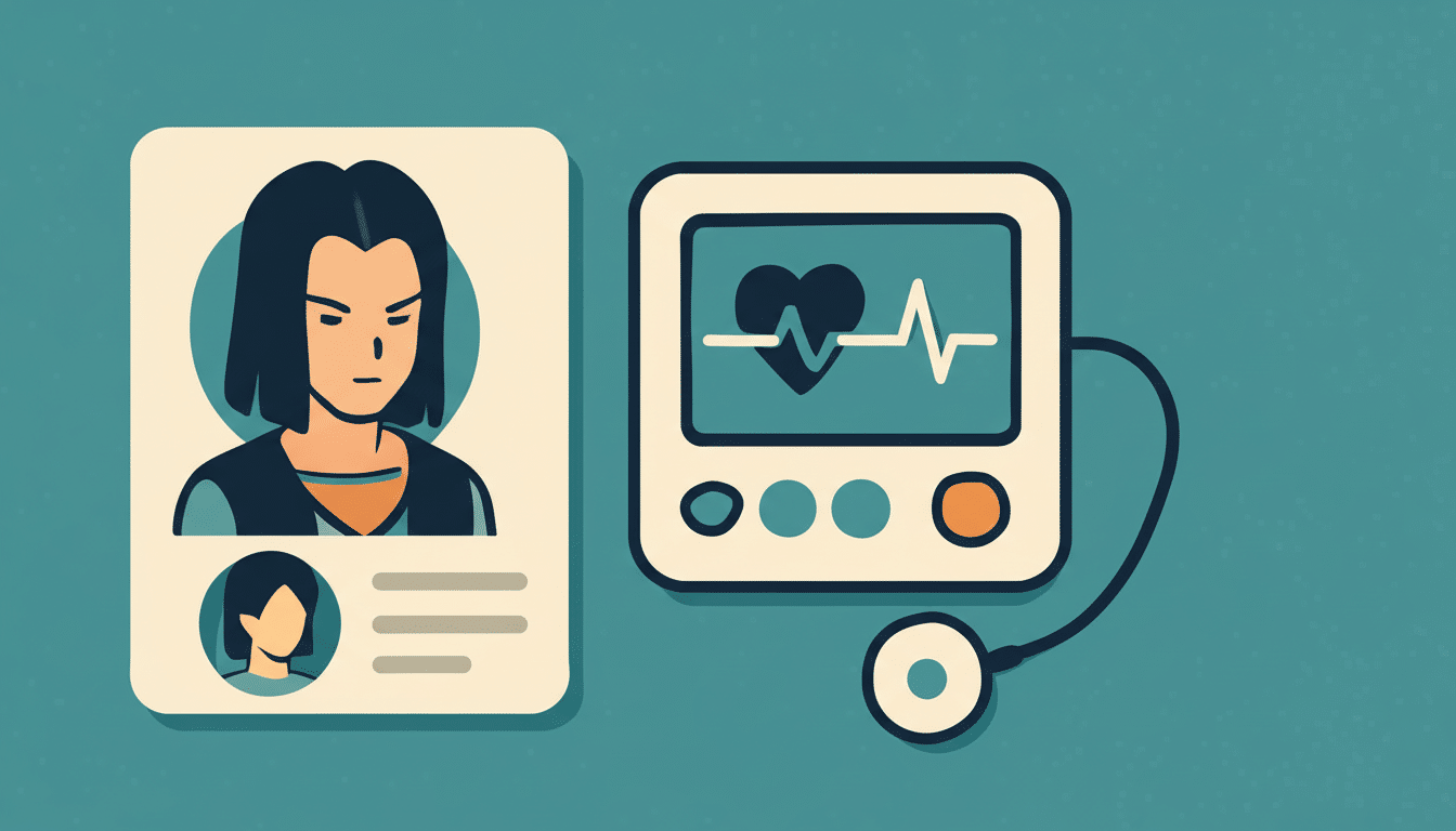 An image showing a patient ID card next to a heart monitor displaying a normal heartbeat, resized to a 1 6:9 aspect ratio.