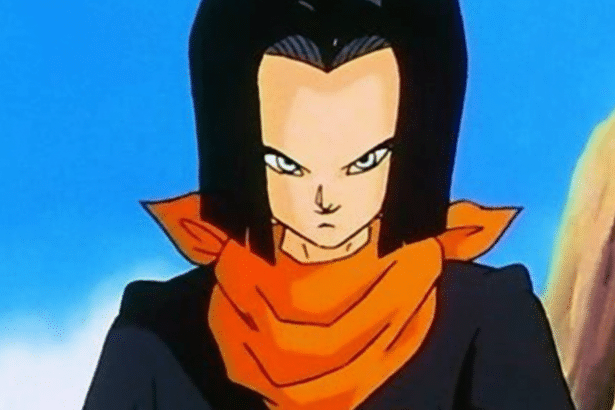 A character from Dragon Ball Z, Android 1 7, with black hair and an orange scarf, looking intently forward. The image is resized to a 16: 9 aspect rat