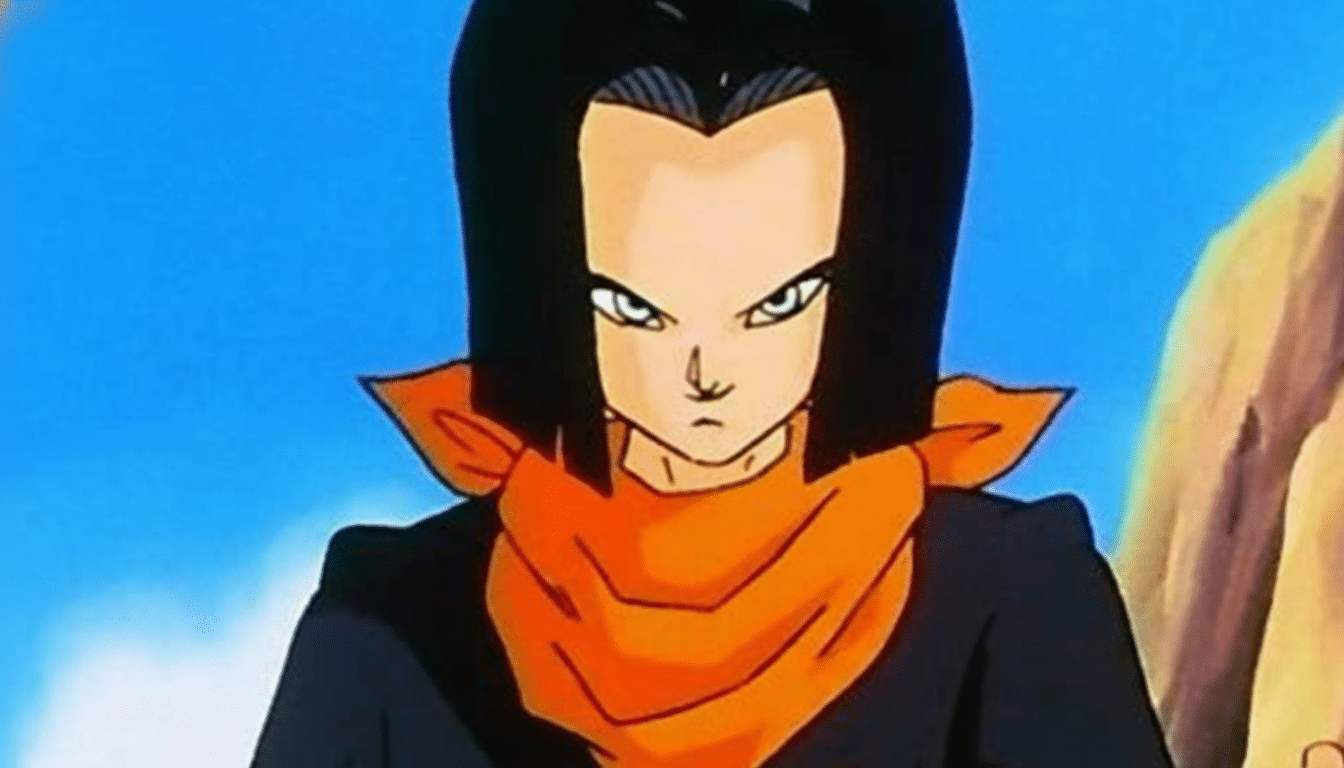 A character from Dragon Ball Z, Android 1 7, with black hair and an orange scarf, looking intently forward. The image is resized to a 16: 9 aspect rat