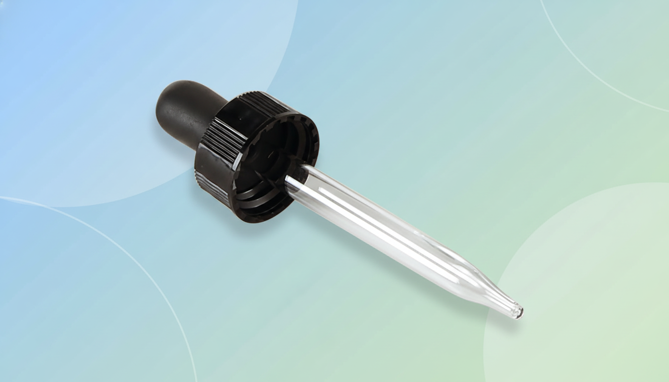 A glass dropper with a black rubber bulb and screw cap, presented on a professional flat design background with soft blue and green gradients and subtle circular patterns.