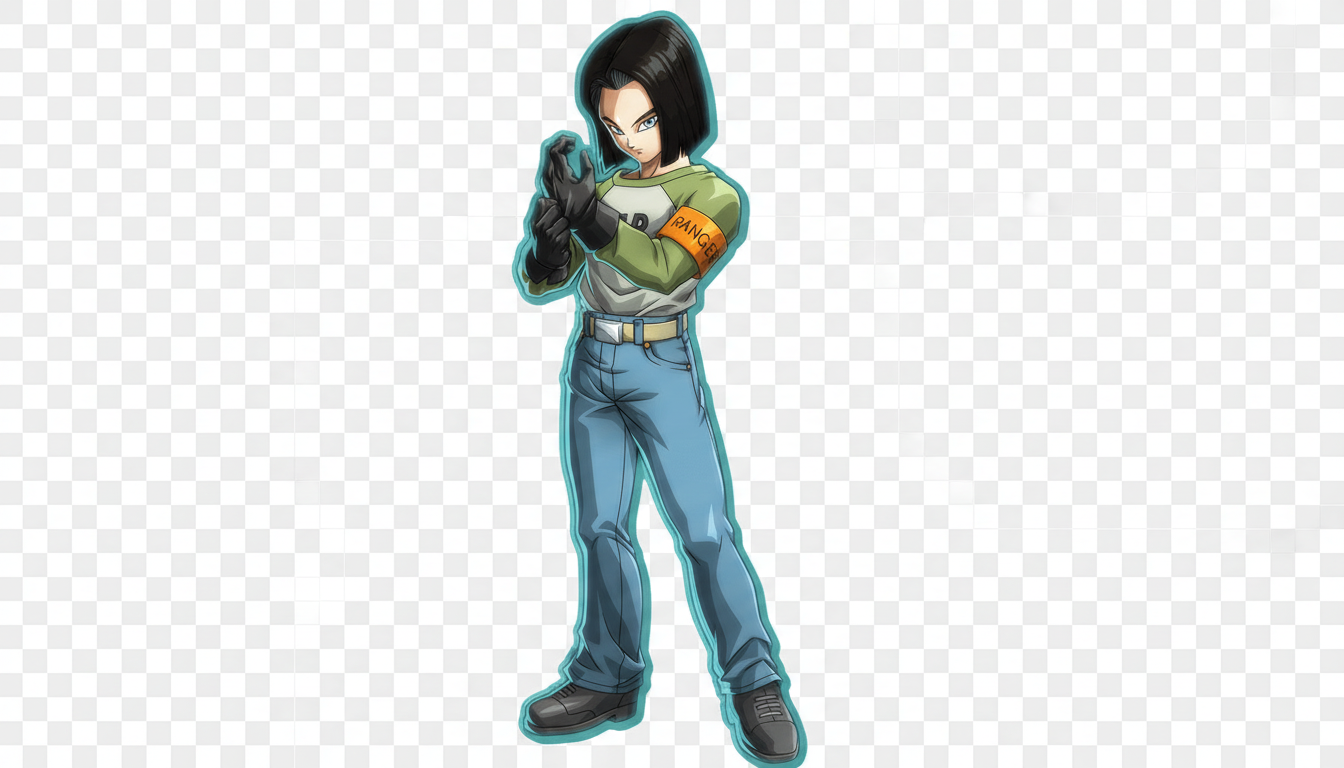 A full-body image of Android 17 from Dragon Ball, standing with his hands together, resized to a 16:9 aspect ratio.