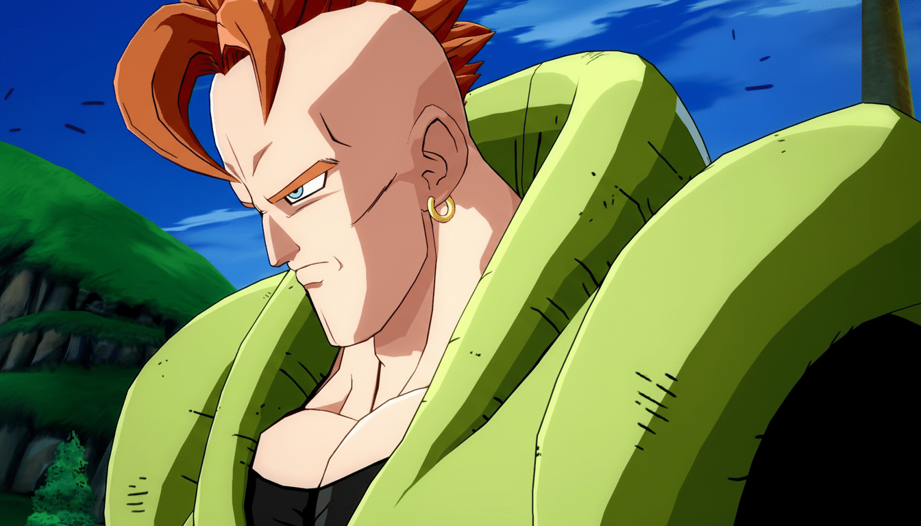 Android 16 from Dragon Ball Fighter Z looking down with an intense expression. Filename : android1 6dragon ballfighterz .png