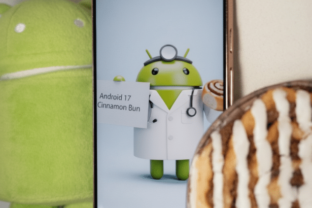 An image showing a phone displaying an Android robot dressed as a doctor, holding a sign that says Android 17 Cinnamon Bun and a cinnamon bun . A green Android plush toy is partially visible on the left, and a real cinnamon bun is partially visible on the right .