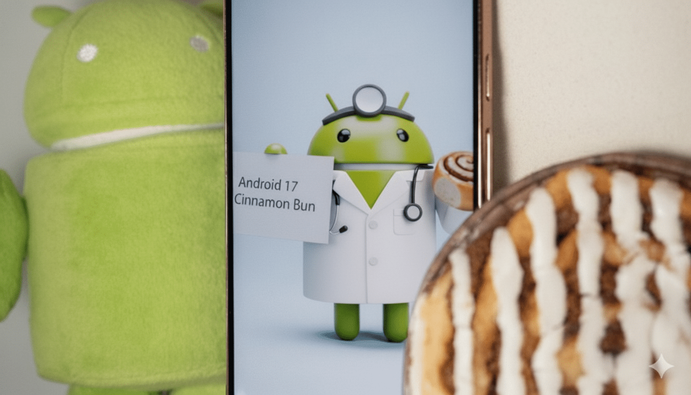 An image showing a phone displaying an Android robot dressed as a doctor, holding a sign that says Android 17 Cinnamon Bun and a cinnamon bun . A green Android plush toy is partially visible on the left, and a real cinnamon bun is partially visible on the right .