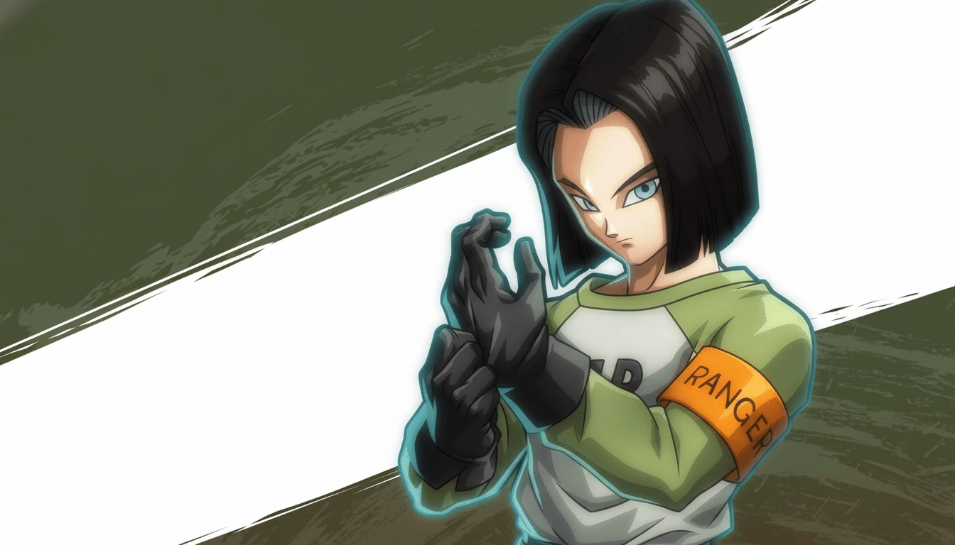 Android 17 from Dragon Ball Super, with black hair and blue eyes, wearing a green and white shirt with an orange RANGER armband and black gloves, set