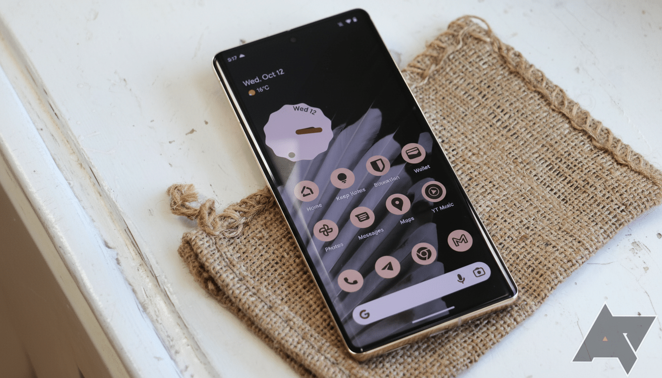 A modern smartphone with a dark home screen displaying various app icons and a weather widget, resting on a textured fabric surface.