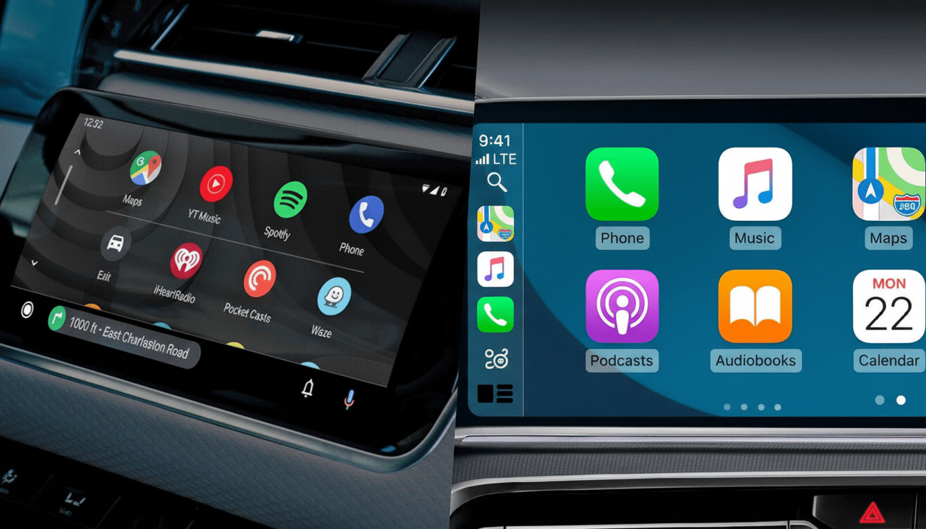 A split image showing two car infotainment systems. On the left, a screen displays Google's Android Auto interface with various app icons like Maps, YouTube Music, Spotify , and Phone. On the right, an Apple CarPlay interface is shown with app icons including Phone, Music, Maps, Podcasts, Audio books, and Calendar .