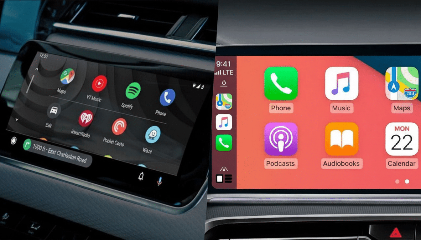 A split image showing two different car infotainment systems. The left side displays Android Auto with various app icons, including Maps, YouTube Musi