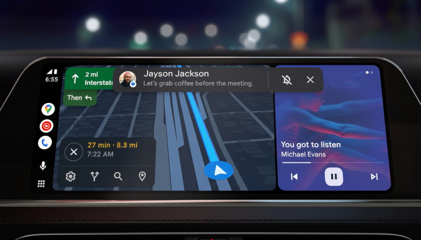 Android Auto home screen widgets on car infotainment dashboard interface