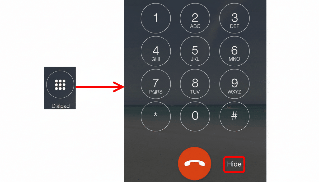 The image shows a mobile phone dialpad on the right, with a smaller Dialpad icon on the left poin