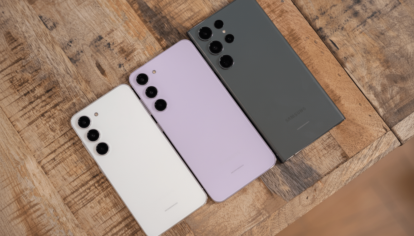 Three Samsung smartphones in white, lavender, and dark gray on a wooden surface, resized to a 1 6: 9 aspect ratio.