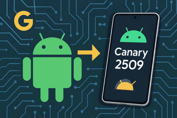 A 16:9 aspect ratio image showing the Google ' G' logo, a green Android robot , an orange arrow, and a smartphone displaying Canary 2 509 and a stylized Android head , all against a circuit board background.