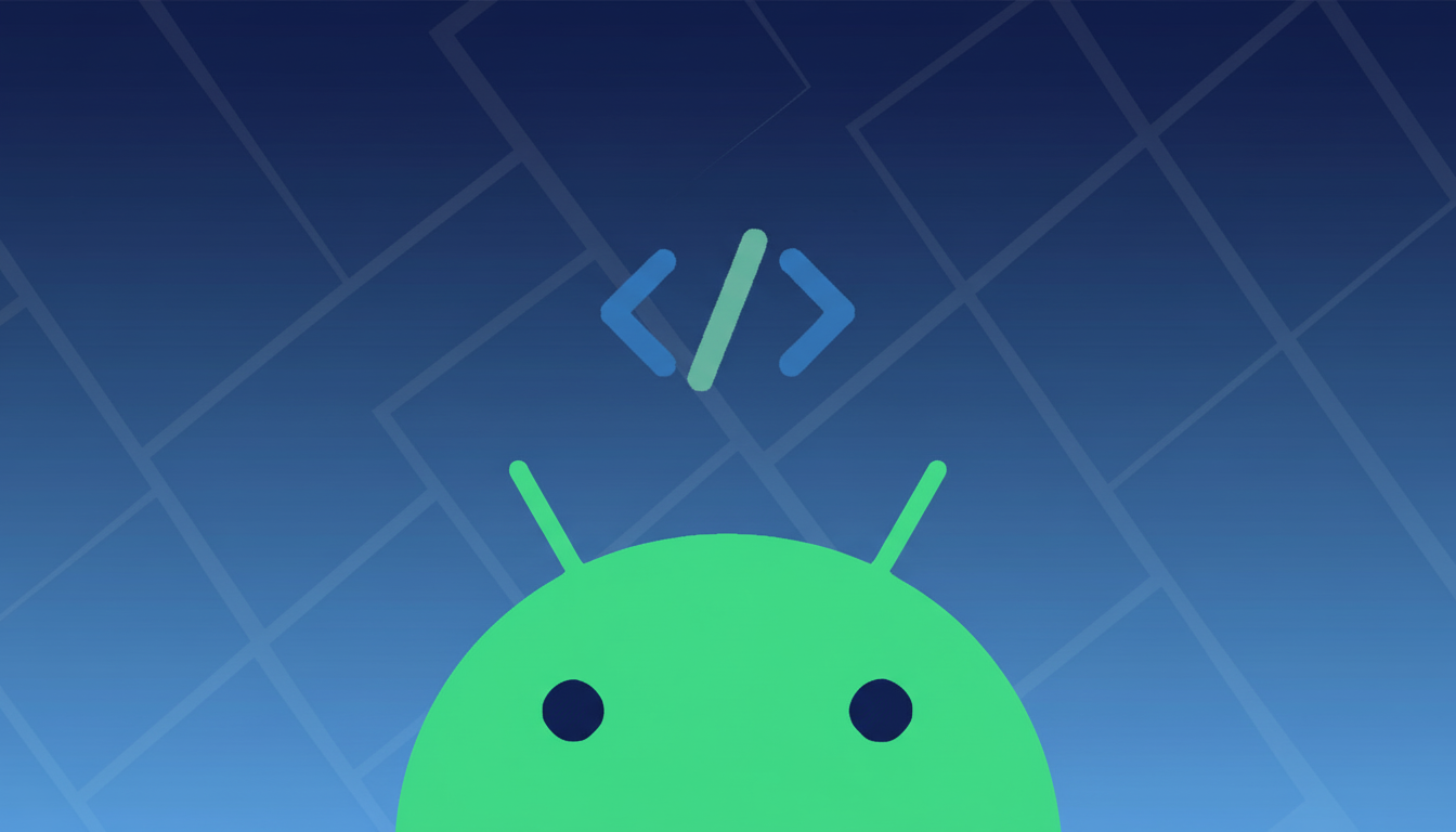 An Android robot head in green on a blue background with a subtle geometric pattern and a coding icon above it.