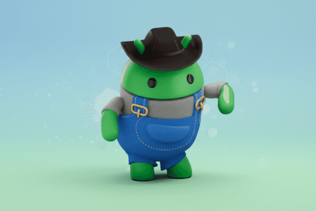 An Android robot wearing a cowboy hat and blue overalls , standing on a white background that fades into a soft blue -green gradient with subtle hexagonal patterns. Filename : androidcow boyenhanced .png