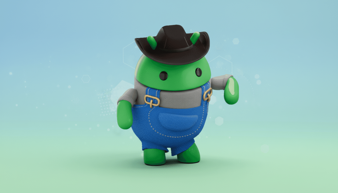 An Android robot wearing a cowboy hat and blue overalls , standing on a white background that fades into a soft blue -green gradient with subtle hexagonal patterns. Filename : androidcow boyenhanced .png