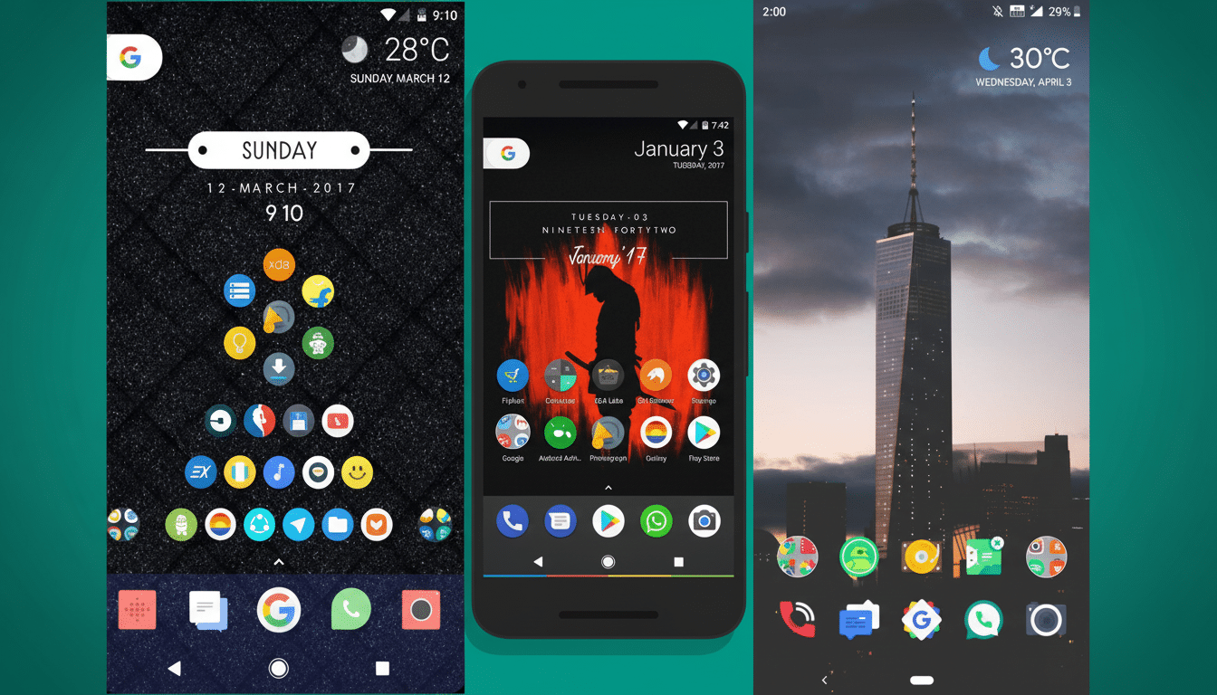 A composite image of three Android phone screens , each showcasing different custom launchers and icon packs. The leftmost screen has a dark textured background with circular app icons arranged in a triangular shape , and a white minimalist clock and date widget . The middle screen displays a phone with a background image of a samurai silhouette against a red backdrop, featuring various app icons and a date widget. The rightmost screen shows a phone with a city skyline background dominated by a skyscraper, with app icons at the bottom and a weather widget at the top.