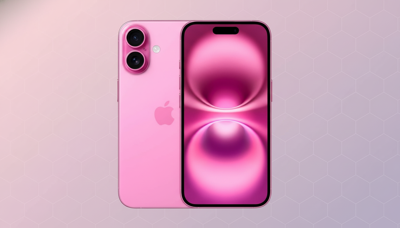 A pink smartphone with a dual-camera system on the back and a screen displaying a pink abstract design, set against a soft pink background with a subtle hexagonal pattern.