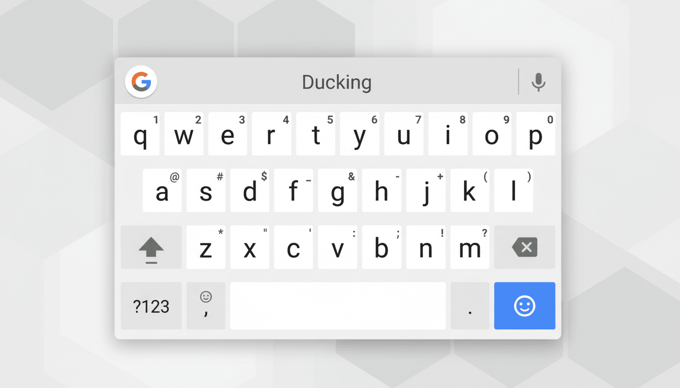 A resized and enhanced image of a mobile phone keyboard with the word Ducking typed in the search bar. The background is a professional flat design wi