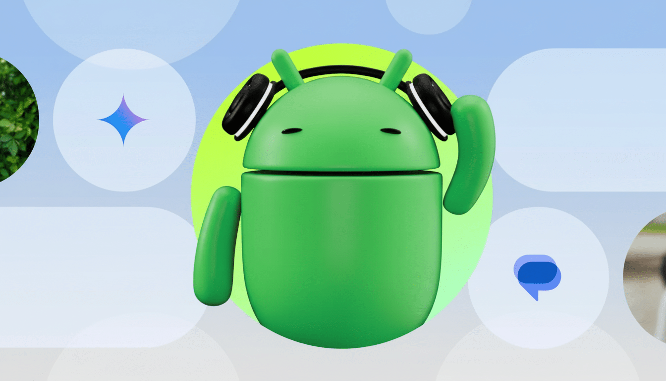 A 3D illustration of the green Android robot wearing black headphones, set against a professional flat design background with soft blue and purple gra
