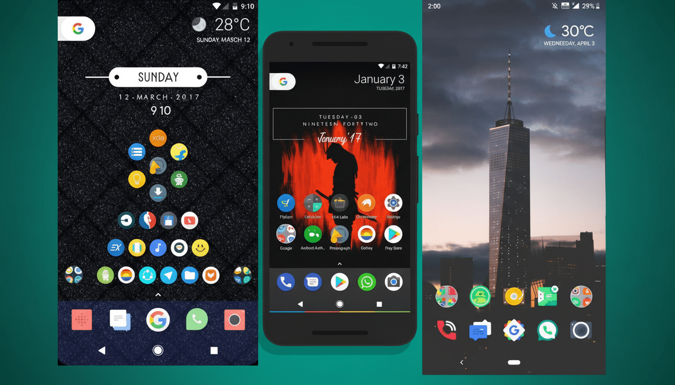 A professional enhancement of three mobile phone screens, each showcasing different Android home screen setups with various widgets and app icons. The