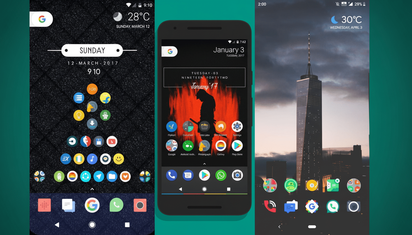 A composite image displaying three different Android phone homes creens, each with unique layouts and icon arrangements. The first homes creen feature