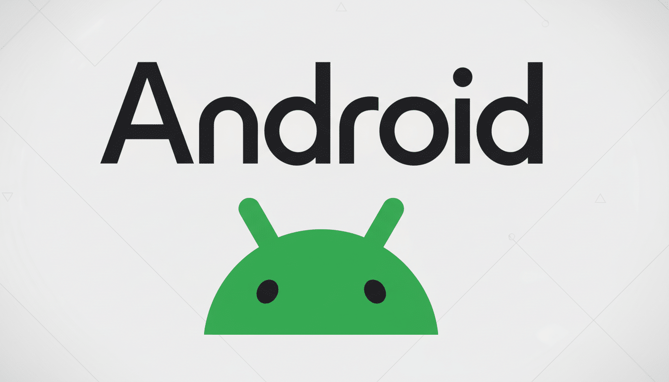 The Android logo, featuring the word  Android in black text above a green robot head icon , set against a professional light gray background with subtle geometric patterns.
