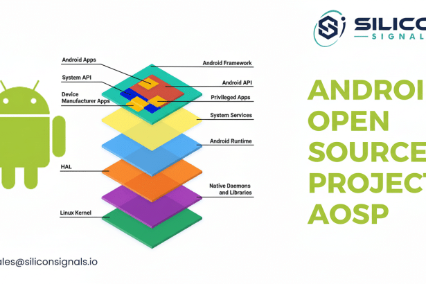 Diagram illustrating the Android Open Source Project (AOSP ) architecture, showing layers from Android Apps down to the Linux Kernel, alongside the An