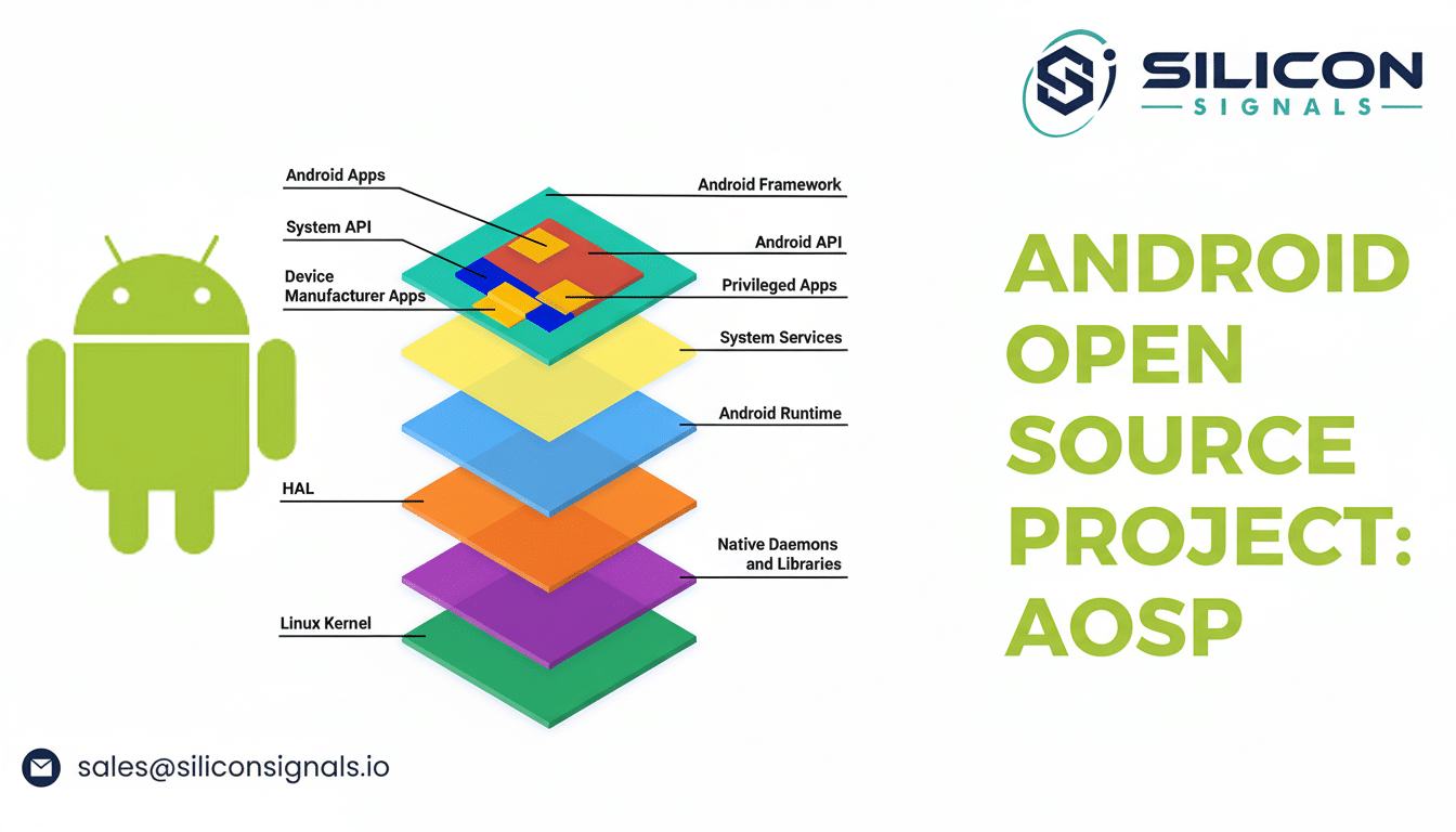 Diagram illustrating the Android Open Source Project (AOSP ) architecture, showing layers from Android Apps down to the Linux Kernel, alongside the An