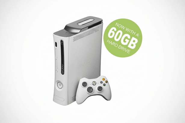 An enhanced, professional image of a white Xbox 360 console and a matching white controller, presented on a subtle grey gradient background. A green c