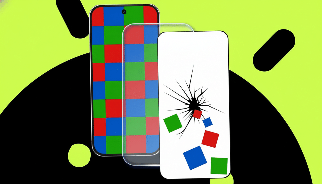 Two smartphones shown side by side, with the left one displaying a checkerboard pattern of red, green , and blue squares , and the right one depicting a cracked screen with colorful squares appearing from the cracks . The phones are set against a vibrant lime green background featuring a large black Android robot logo. Filename : androidphones display issues .png