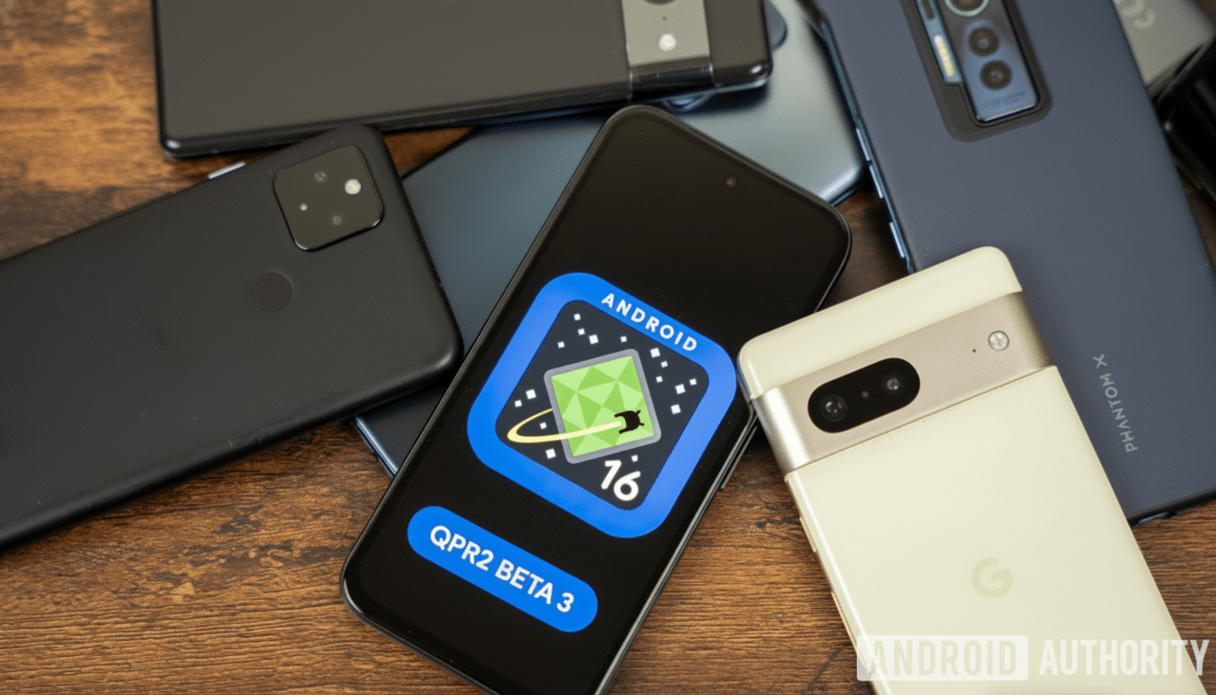 A 16:9 aspect ratio image of various Android phones, with one phone displaying the Android QPR2 Beta