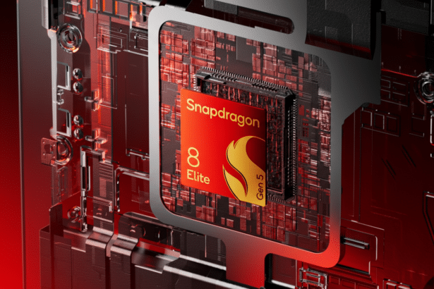 A close-up, enhanced image of the Snapdragon 8 Elite Gen 5 chip on a motherboard , resized to a 16: 9 aspect ratio. The chip is vibrant red and orange , centrally placed within a dark , intricate circuit board with red glow effects. Filename : snapdragon 8elite gen5 chip16 9. png