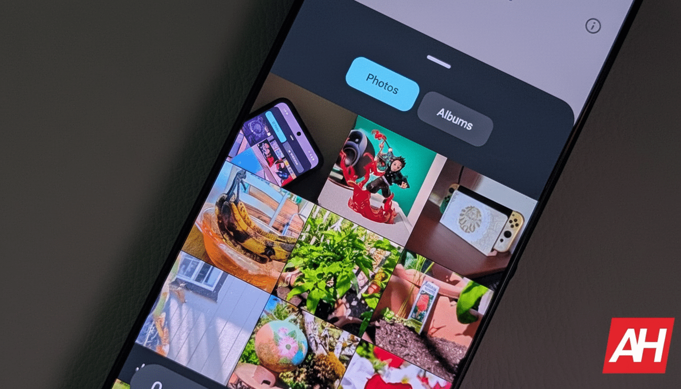A smartphone displaying a gallery of photos, with Photos and Albums tabs at the top.