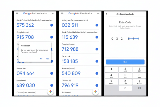 Three mobile phone screens showing the Google Authenticator app. The left screen displays a list of accounts with their respective codes , and a pop-up asks Do you want to add the token named 'iamsar amm orrison'? . The middle screen shows another list of accounts and codes. The right screen shows a Confirmation Code interface with an input field containing 032 511 and a numeric keypad below it .