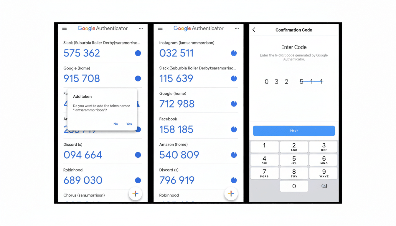 Three mobile phone screens showing the Google Authenticator app. The left screen displays a list of accounts with their respective codes , and a pop-up asks Do you want to add the token named 'iamsar amm orrison'? . The middle screen shows another list of accounts and codes. The right screen shows a Confirmation Code interface with an input field containing 032 511 and a numeric keypad below it .