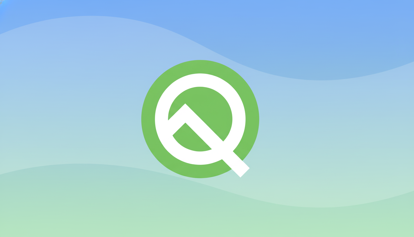The Android Q logo, a white stylized letter Q within a light green circle, centered on a professional flat design background with soft blue and green gradient waves.