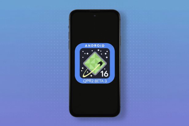 Android QPR2 Beta 3 running on a smartphone with a professional blue gradient background .