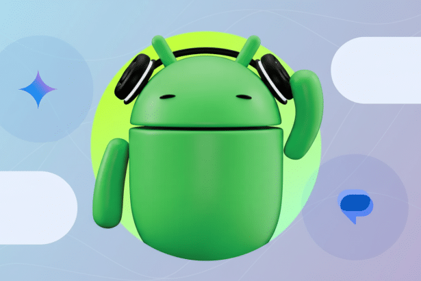 A 3D illustration of the green Android robot wearing black headphones, centered on a vibrant lime green circle. The background is a soft, professional gradient with subtle geometric patterns and abstract shapes in shades of blue and purple. There are also white and blue chat bubble- like elements, a blue sparkle icon , and blurred elements on the far left and right.