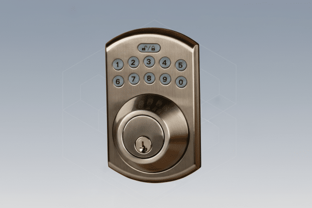 A professional , enhanced image of a brushed metal digital deadbolt lock with a keypad, presented on a light gray gradient background with subtle hexagonal patterns. Filename : digitaldead boltlock. png