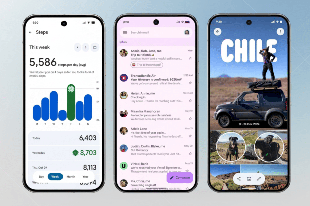 Three smartphones displaying different Google app interfaces: fitness tracking, email, and a travel photo gallery.