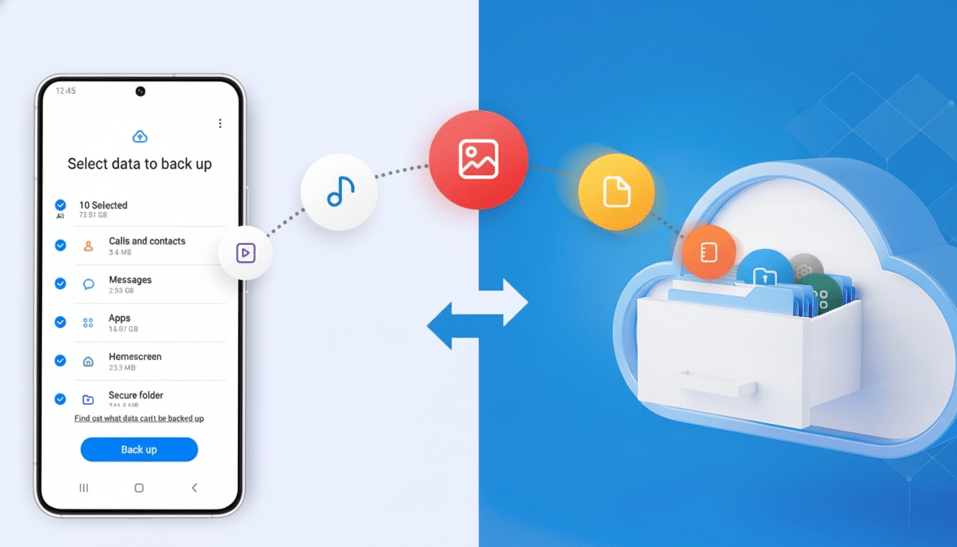 A professional image showing a smartphone on the left with a Select data to back up screen, connected by dotted lines and icons to a cloud storage representation on the right, illustrating data backup .