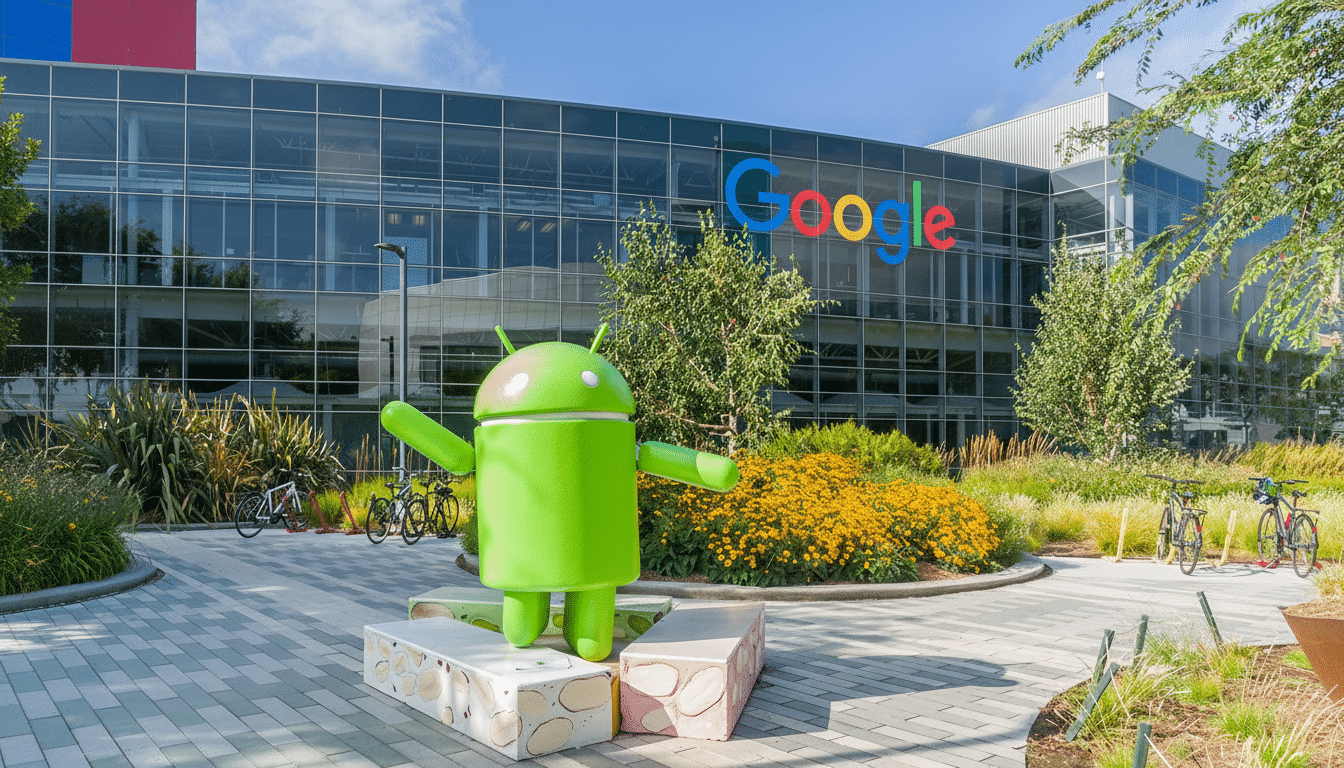 A large green Android mascot statue stands in front of the Google building with vibrant landscaping under a clear sky.