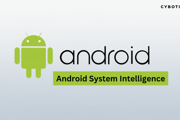 The Android logo and text Android System Intelligence on a professional flat design background with subtle hexagonal patterns and a soft gradient.