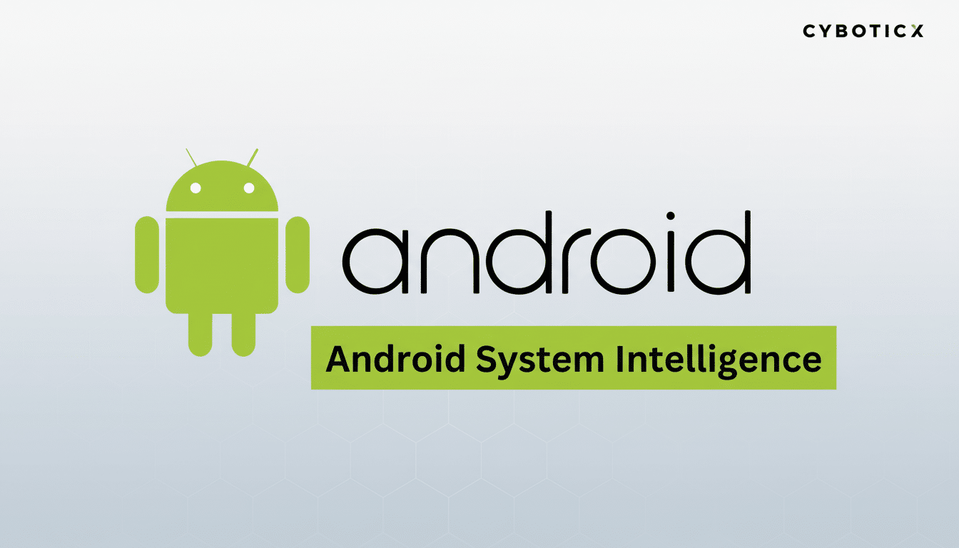 The Android logo and text Android System Intelligence on a professional flat design background with subtle hexagonal patterns and a soft gradient.