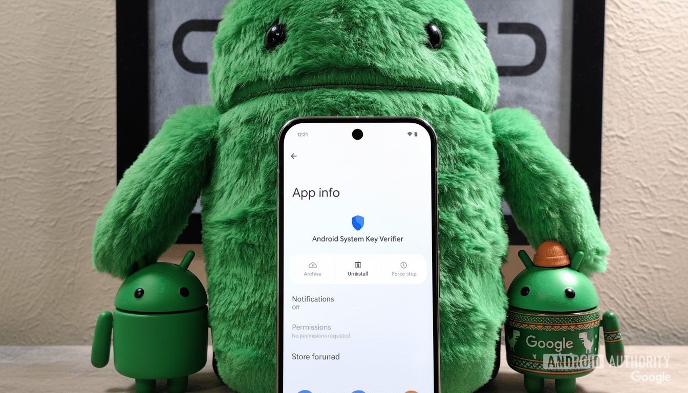 A smartphone displaying the App info screen for Android System Key Verifier with options like Archive, Uninstall, and Force stop, positioned in front of a large , green fuzzy Android mascot and two smaller Android figurines .