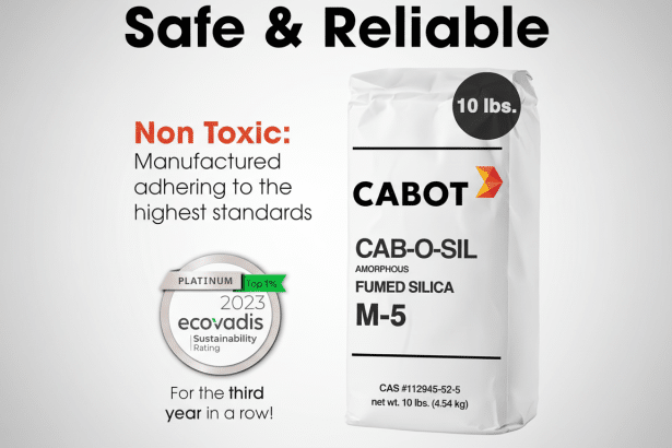A white bag of CAB OT CAB-O -SIL AM ORPHOUS F UMED SILICA M-5, 10 lbs , is displayed on the right with a background featuring text that reads Safe & Reliable, Non Toxic: Manufactured adhering to the highest standards, and a 2023 ecovadis Sustainability Rating badge that says PLAT INUM Top 1% and For the third year in a row!