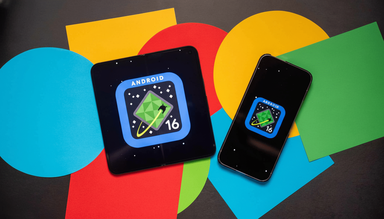 Two smartphones displaying the Android 16 logo on a colorful background.